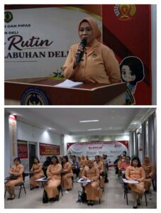 Ketua DWP Rutan Kelas I Labuhan Deli, Ibu Lina Rahmawaty Eksa, saat memberikan kata sambutan pada kegiatan pertemuan rutin bulanan, Sabtu (10/10/2026).